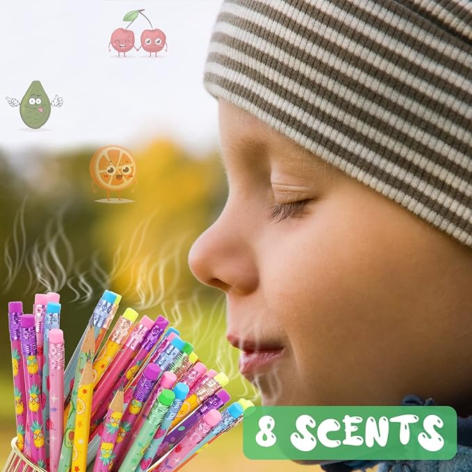 Leinuosen 200 Pcs Scented Pencils Bulk for Kids Inspirational Cute Fun Wood Smelly Pencils with Erasers Fruit Elements for School Classroom Office Students