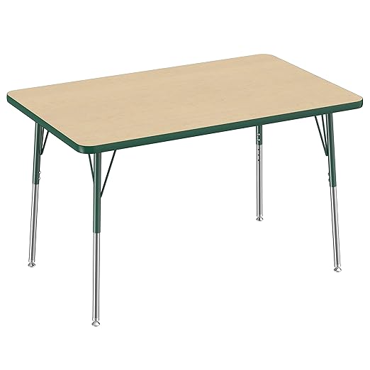 FDP Rectangle Activity School and Office Table (30 x 48 inch), Standard Legs with Swivel Glides, Adjustable Height 19-30 inches - Maple Top and Green Edge