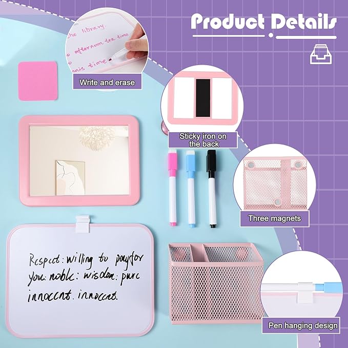abcGoodefg Pink Magnetic Locker Accessories for Girls, Locker Organizer and Decoration with Locker Mirror, Whiteboard and Pen Holder Markers Magnet and Eraser for School Locker Back to School Stuff