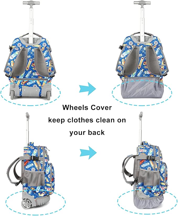 Tilami Rolling Backpack 19 inch with Lunch Bag Wheeled Laptop Backpack, Skateborad