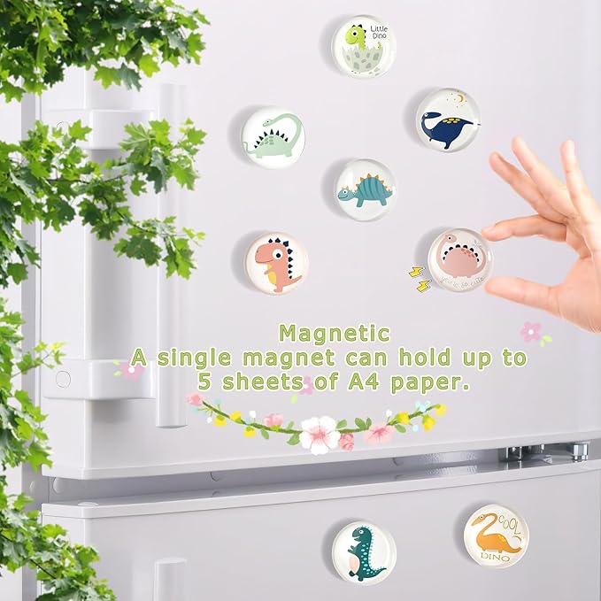 Cute Fridge Magnets, Round Crystal Glass Refrigerator Magnetic for Kitchen & Office Whiteboard Locker Accessories (16Pcs Dinosaur)