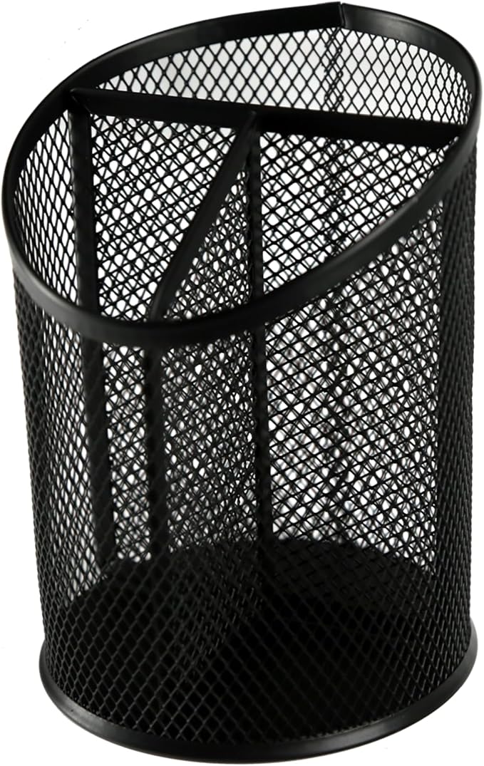 Huron Desktop 3 Compartment Round 5-3/4" Metal Mesh Pen and Pencil Holder Desk Organizer Pen Cup Pencil Cup for Desk Office Pen Organizer (1/4/24/96) (4 pc)