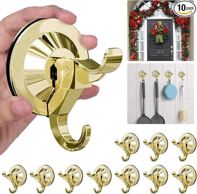 Antimbee Shower Suction Cup Hooks, 10 Pack Removable Glass Wall Holder Hook, Small Suction Utility Hook for Bathroom Kitchen Decor, Up to 11 lbs on Smooth Surface-2 Hooks Design (Gold)