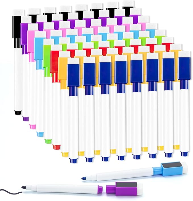 50 Pcs Colorful Magnetic Dry Erase Markers with Eraser Cap, White Board Mini Dry Erase Markers Bulk, Fine Point Tip Student White Board Markers for Teachers Office School Supplies
