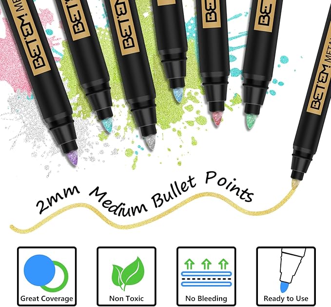 Betem Metallic Paint Markers, 10 Colors Acrylic Paint Markers for Black Paper, 2mm Medium Tips Metallic Glitter Pens for Scrapbooking, Rock Painting, Greeting Cards, Photo Albums, DIY Art Crafts