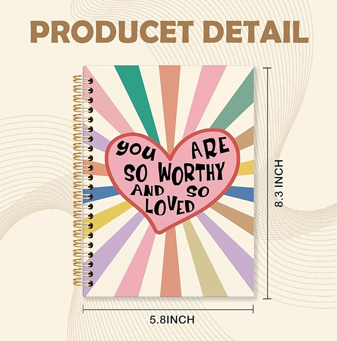 Colorful Boho Spiral Notebook, You Are So Worthy and So Loved Inspirational Journal, Positive Affirmation Journals for Writing, Motivational Notebooks for Note Taking, 5.5x8.3 Inch