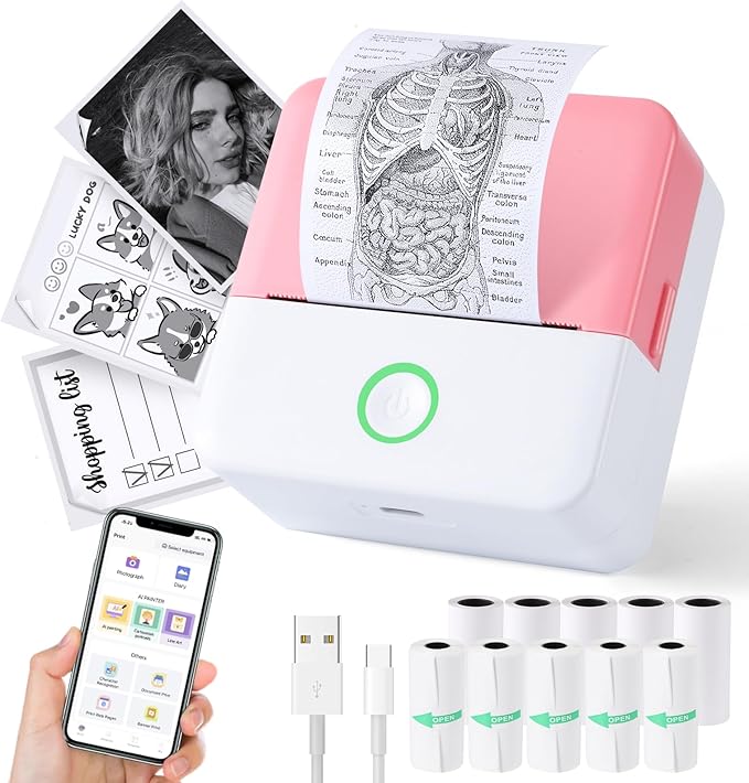 Print Pods Mini Printer, Thermal Inkless Sticker Maker with 10 Rolls Printing Paper, Pocket Printpod for phone, Impresora Portátil for Notes, Flashcards, Journal, DIY, Compatible with iOS & Android
