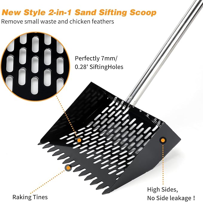 Rypet Chicken Poop Scooper & Rake 2-in-1 with Grip, 10 inches Metal Chicken Coop Scooper with Adjustable Stainless Steel Handle (36" to 74"), Sand Sifting Litter Shovel for Chicken Coops Farm Animal