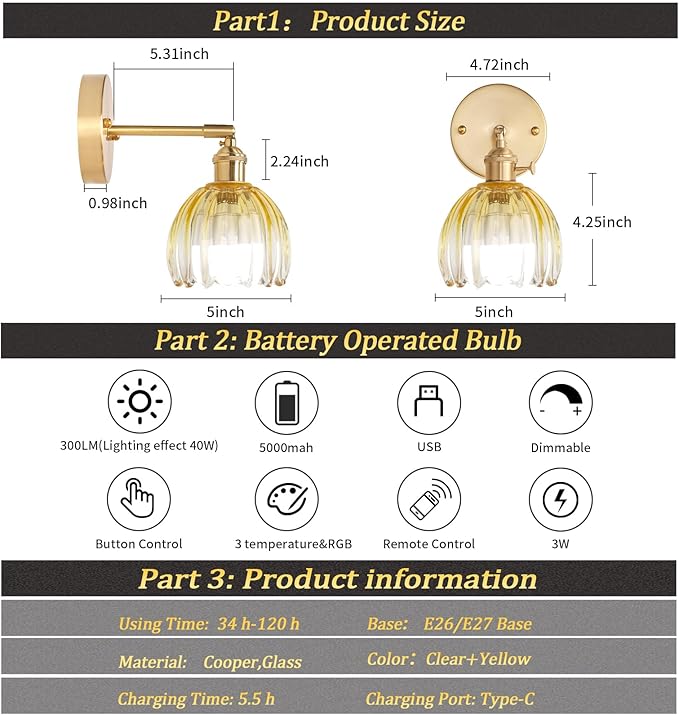 Vintage 5000 mAh Battery Operated Wall Sconce with Yellow Clear Tulip Gradient Glass Lampshade Rechargeable Battery Powered Wall Light with Remote Control for Bedroom, Set of 2