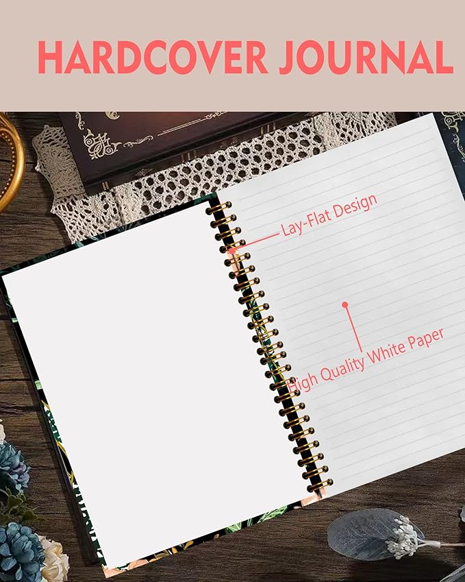 Spiral Notebook A5, Hardcover Journal for Women, 120 Pages Thick College Ruled Paper, Perfect for Office, School, or Home Use(Flowers on Black Background)