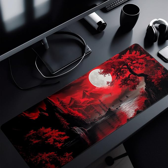 Darkness Red Moon Mouse Pad Abstract Red Mouse Pad 31.5x11.8 Inch Geometric Texture Non-Slip Rubber Base Large Mousepad Stitched Edges Keyboard Mouse Mat Desk Pad for Office and Home