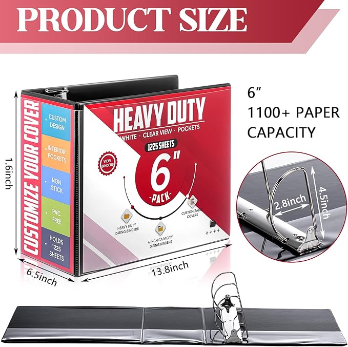 6 Pcs 3 Ring Binder, 6 Inch Large Capacity D Ring Binders with Pockets, 8.5" x 11" Presentation Folder View Binder with Customizable Clear Cover for Documents Files Projects (Black)