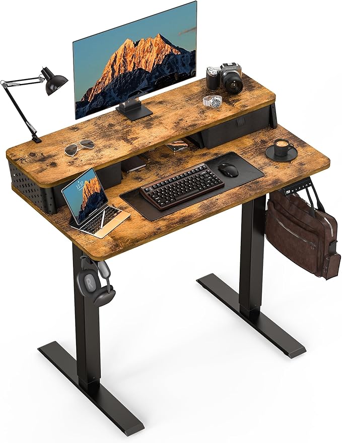 Small Standing Desk With Drawers and Brushless Motor,Electric Sit Stand Desk for Walking Pad,Ergonomic Stand Up Desk for Home Office & Gaming,3 Memory Height Preset & Hooks(35" x 20", Rustic Brown)