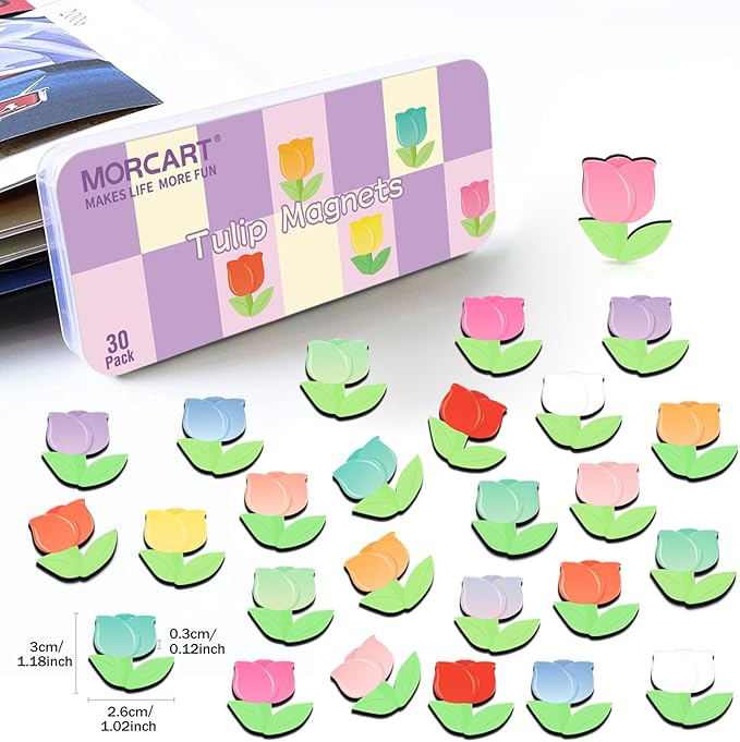 MORCART 30PCS Fridge Magnets, Tulip Magnets Decoration for Refrigerator Locker Whiteboard Decorative Magnetic Board Cabinets Classroom Office Cubicle School Cute Flower