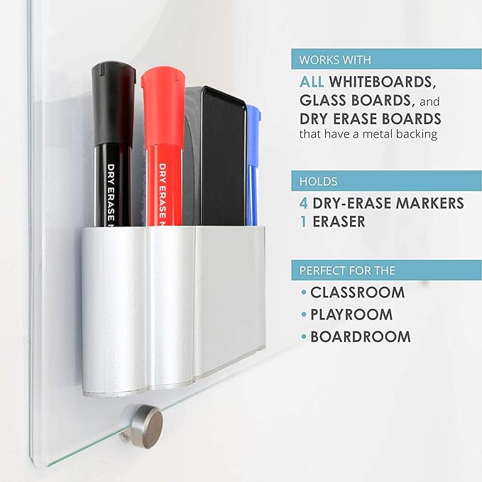 Glassboard Studio Magnetic Dry Erase Marker Holder - Super Strong for Magnetic Glass Whiteboard or Fridge - 2 Large Neodymium Magnets - No Slip Grip - Eco-Friendly PLA Plastic (Steel Gray)