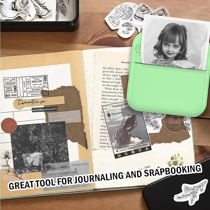 Mini Photo Printer - Portable Pocket Sticker Printers for iPhone Thermal Printer with 10 Rolls Thermal Paper for Photo, Memo, Journal - Green