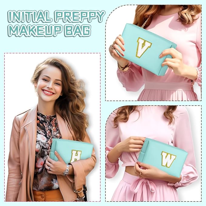 TOPEAST Small Makeup Bag Initial Cosmetic Bag Travel Toiletry Bag, Personalized Birthday Gift for Mom Sister Friends Teacher Nurse, Preppy Travel Stuff for Girls (Blue O)