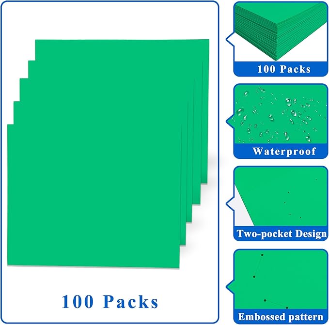 Zzrywuty 100 Packs Paper Folders with Pockets for Students,Businessmen and Office Workers,Letter Size,Two Pocket Folders with Card Slot for Office,Business,School Supplies (Green)