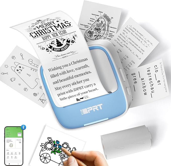 Mini Sticker Printer - S1 Portable Sticker Maker Machine with 1 Roll Sticker Paper, Bluetooth Print Pods Pocket Printer for Study Notes, Graphics, Students, Kids Gift, Free App, Blue