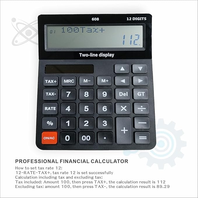 Battery and Solar Unique 120-Step Calculation Check Memory 12 Digit 2 Line Extra Large Calculator Big Buttons and 5.5" LCD Display, Configurable Tax Rate Financial Calculator for Tax Calculations