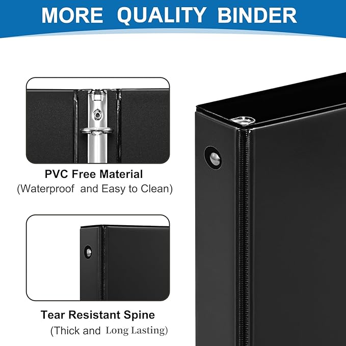 0.5-inch 3-Ring Binder, 1/2 Inch Round Ring Binder with 2 Inside Pockets, 12 Pack Black Binders, Clear View Cover Binders Holds 8.5'' x 11''Paper for Office/Home/Back to School