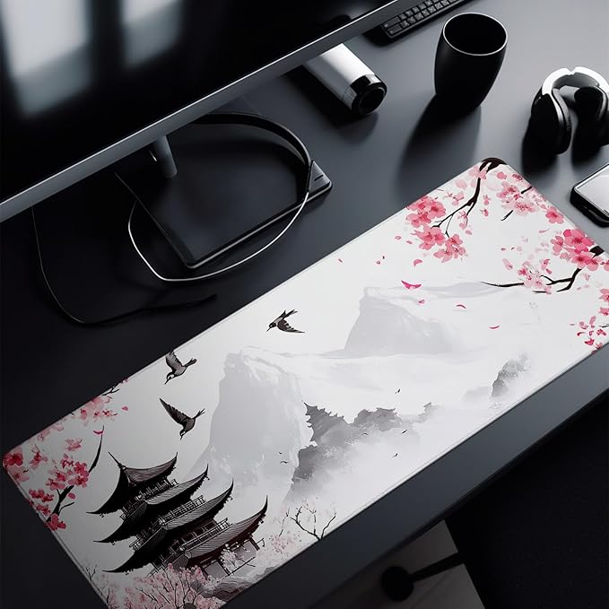 Retro Pagoda Cherry Blossom Watercolor Mouse Pad Abstract Big Mouse Pad 31.5x11.8 Inch Texture Non-Slip Rubber Base Large Mousepad Stitched Edges Keyboard Mouse Mat Desk Pad for Office and Home