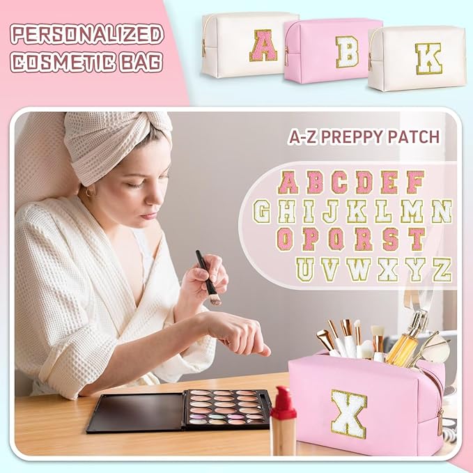 TOPEAST Preppy Makeup Bag, Small Cosmetic Travel Bags for Women, PU Leather Waterproof Toiletry Bag with Zipper, Personalized Birthday Gift for Women Girl, Preppy Gifts for Girl (Pink Z)