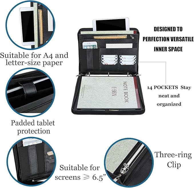 IVESIGN Zippered Padfolio Binder, Faux Leather Organizer with 3-Ring Binder, Left-Handed Design, Business Card Slots & Document Folders - Professional Padfolio for Office (Black)