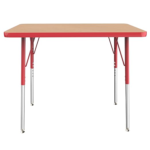 Factory Direct Partners FDP Rectangle Activity School and Office Table (24 x 36 inch), Standard Legs with Swivel Glides, Adjustable Height 19-30 inches - Maple Top and Red Edge