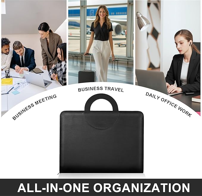 Leathario 3-Ring Portfolio Binder, Includes 5 Folder Index Dividers, 13 Inch Tablets Organizer with Handle, Vegan Leather A4 Padfolio, Multi-Pocket Notepad Business Planner Professional Document