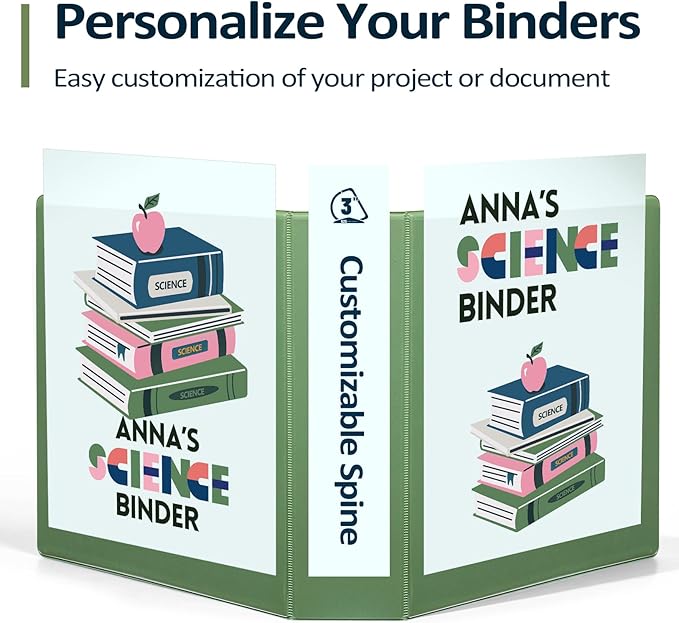 Sooez BinderX Extra Durable 3 Inch 3 Ring Binder, D-Ring Large Binder, Holds 670 Sheets of 8.5x11 Paper, Customizable View Cover with Inside Pockets, Heavy Duty 3 Ring Binder for School, Olive Green