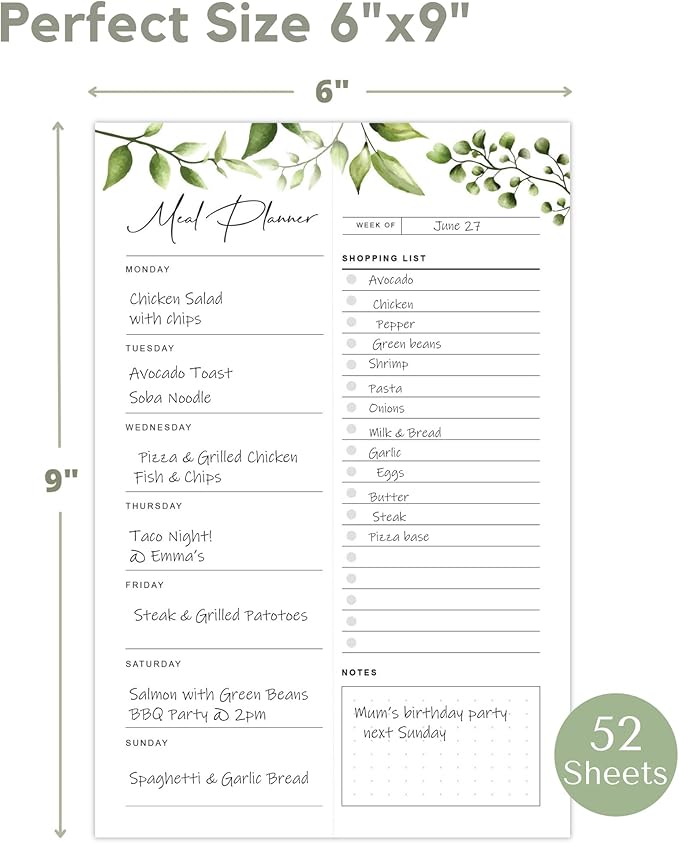 Magnetic Meal Planning Pad for Fridge 52 Undated Tear-off Sheets, 6x9 Inch Meal Planning Notepad for Meal Planner & Grocery List with Magnet, Weekly Meal Planner with Tear Off Shopping List