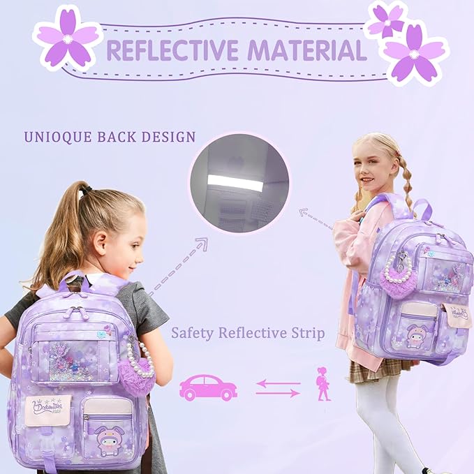 Lovely Girls Backpack School Bag for Students Kids Book Bag with Multiple Pockets Splash-proof Children's Backpack(17inch Purple)