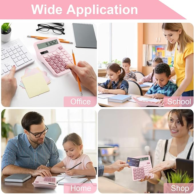 Office Desk Calculator with Solar Power, 12 Digits Large LED Display, Calculators Desktop with Big Buttons, Pink Office Home School Supplies (Pink)