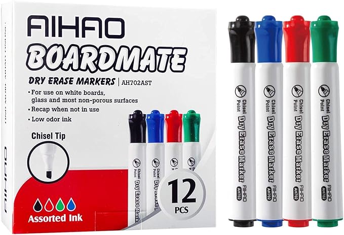 AIHAO Dry Erase Markers, Assorted Colors, Chisel Tip, Pack of 12, Whiteboard Marker for School, Office, Home