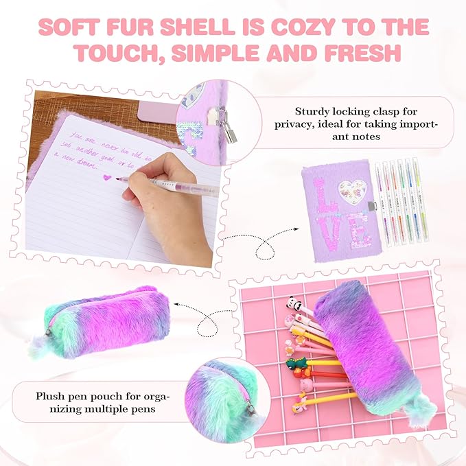abcGoodefg 25 PCS Purple School Locker Accessories Kit for Girls with Locker Shelf Include Magnetic Mirror and Whiteboard Pen Holder Marker Rug Magnets Fur Pencil Bag and Secret Notebook