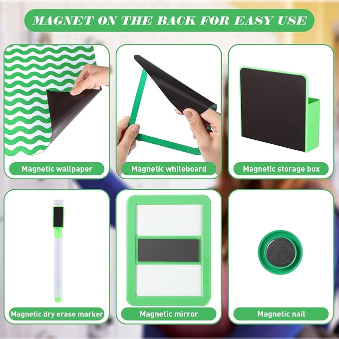 Timgle 8 Pcs Magnetic Locker Set Including Magnetic Wallpaper Mirror Locker Organizer Carpet Whiteboard Dry Erase Marker Accessories for Office School Supplies(Green,Wavy Style)