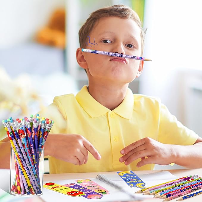 Ctosree 60 Sets Inspirational Pencils and Fruit Scented Bookmark Sets Positive Graphite Pencils Bulk Scratch and Sniff Book Marks Motivational Gifts for Kids Students Classroom Prizes Party Favors