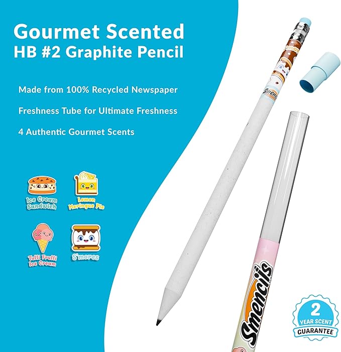 Smencils Dessert Scented Pencils – HB #2 Graphite Pencils Made from Recycled Newspapers, 4 Pack, Long-Lasting Gourmet Scents, Fun School Supplies & Gifts for Kids, Teachers, Classroom Rewards