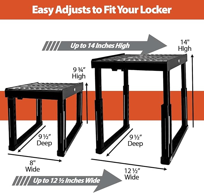 Locker Organizer Shelf, Adjustable Width and Height, Ideal for School, Office, and Gym Lockers (Black 2 Pack)