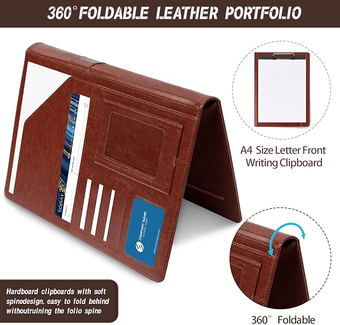 Brown Leather Portfolio Organizer Clipboard Storage Folio Padfolio for Men Notepad Notebooks for Work