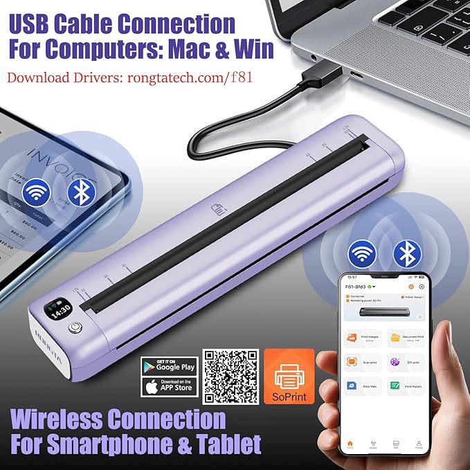 Rongta Portable Printer Wireless for Travel, Bluetooth WiFi Inkless Thermal Printers for 8.5" x 11" US Letter & A4 Size, Compatible with Android iOS Phone Mac Windows Laptop for Office & Home (Purple)