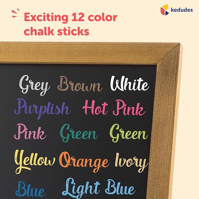 Kedudes Dustless Chalk with Eraser, 24pk - 12 Colored Chalkboard Chalks and 12 White Chalk for Chalkboard and Board Erasers Set - Blackboard Chalks and Eraser with Wooden Handle