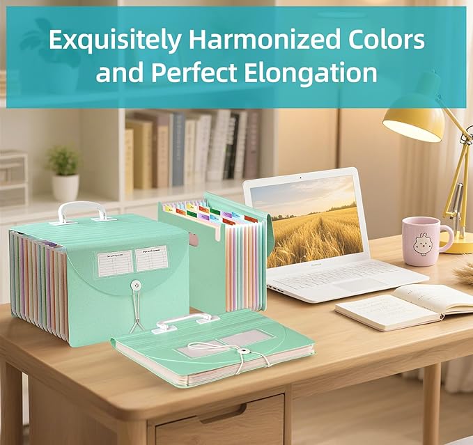 13 Pocket Accordion File Organizer,Wheat Straw Expanding File Folder with Index Tabs and Colorful Inner Design,A4/Letter Paper Document Storage Organizer for Home School Office Supplies