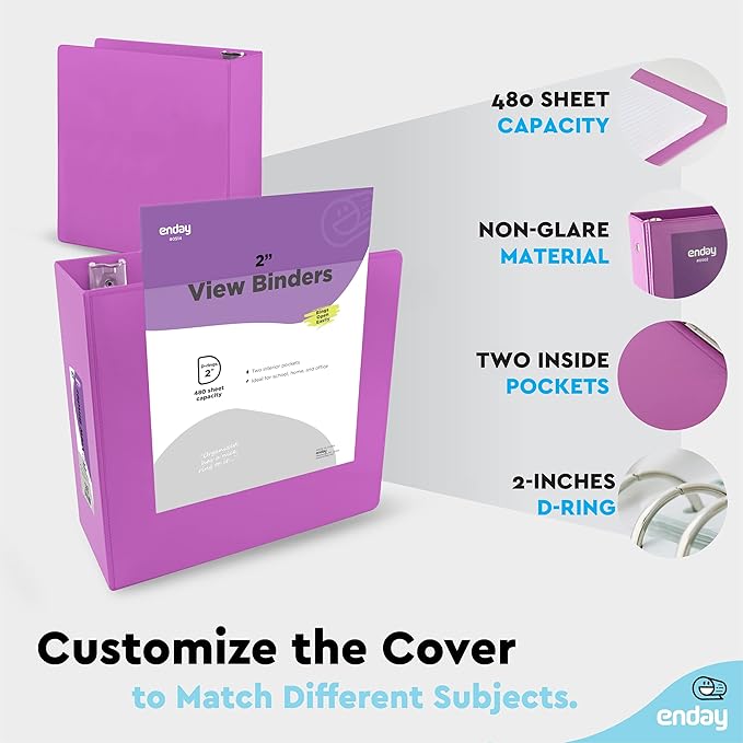 3 Slant D-Ring Binder 2 Inch Binder Purple, 2 in Clear View Cover w/ 2 Inside Pockets, Heavy Duty Colored School Supplies Binders Also Available in Blue, Pink, Red, Green, Grey (24 PC)–by Enday