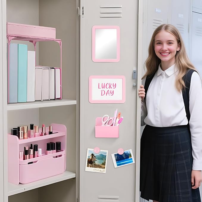 Pink locker accessories kit, locker decorations for girls, cute locker set includes locker shelf, magnetic locker mirror and whiteboard, pen holder, markers and magnets