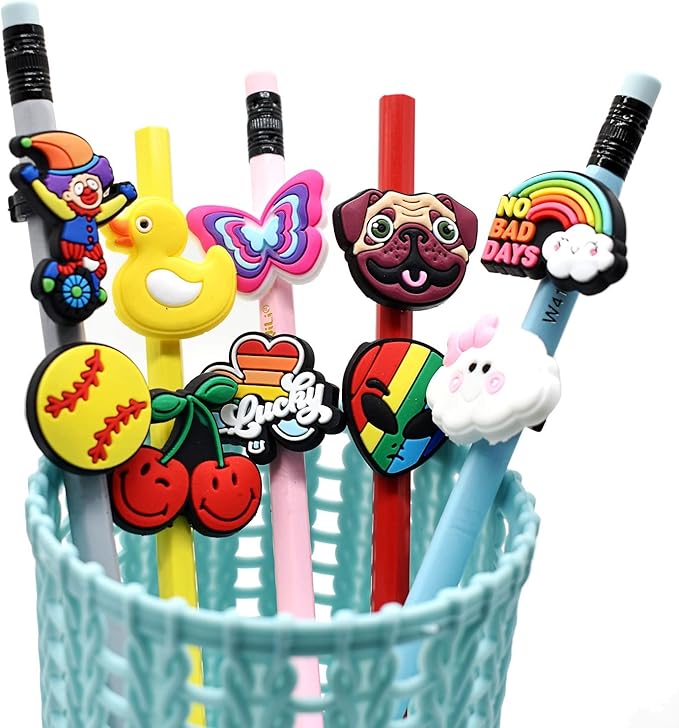 YEALQU 200PCS Random Different Pencil Topper Decoations Cute PVC Pencil Toppes Lovely Black Clip for Pupil/Junior Students Gifts Awards