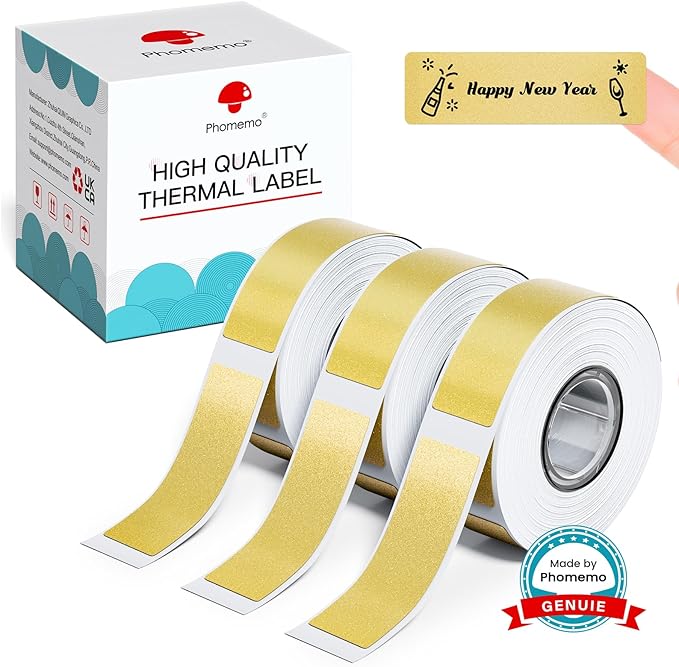 Phomemo D30 Label Tape, for D30 D35 Q30 Q30S Q31 Q32 Label Maker, Black on Glitter Transparent Gold Sticker Thermal Paper Self-Adhesive, 14mm x 40mm (1/2" x11/2) 160 Tapes/Roll, 3 Rolls