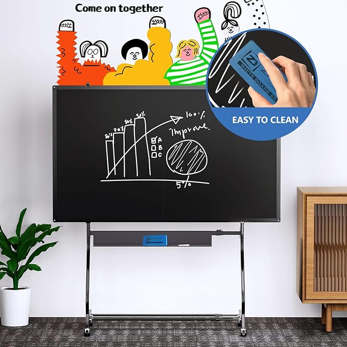 Rolling Chalkboard Black Dry Erase Board 48x36 with Height & Width Adjustable Stand, Large Portable Magnetic Double-Sided Whiteboard on Wheels, Mobile Standing Easel Blackboard for Office