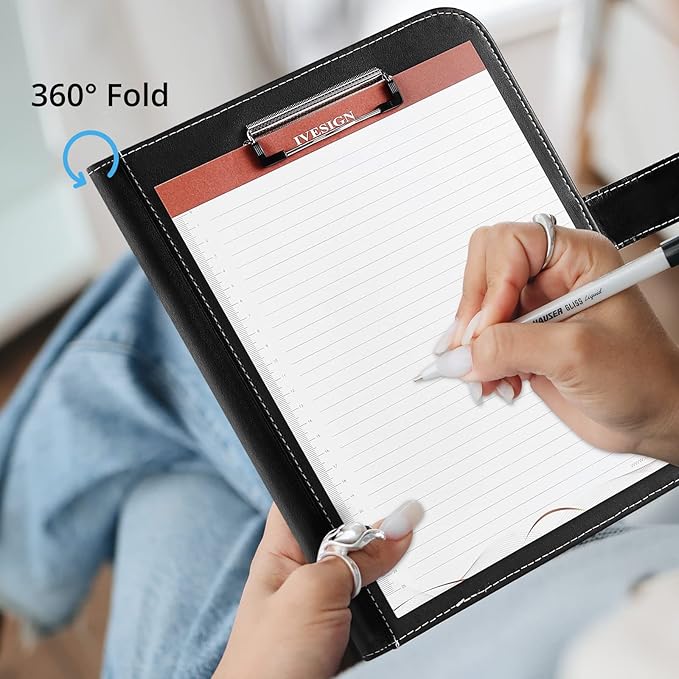 IVESIGN Leather Portfolio Notebook with Folder,Storage Clipboard with Cover for Legal Pad Holder Letter Size A4 Writing Pad for Business School Office Resume Conference Notepad Clip Boards(Black)
